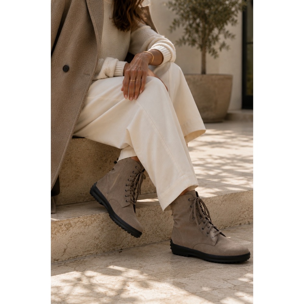 Tod's Winter Gommino Suede Lace Up Combat Ankle Boots Taupe 37.5‎ 7.5